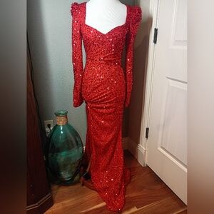 Red Sequin Long Sleeve Evening Prom Gown Slit Side Sm